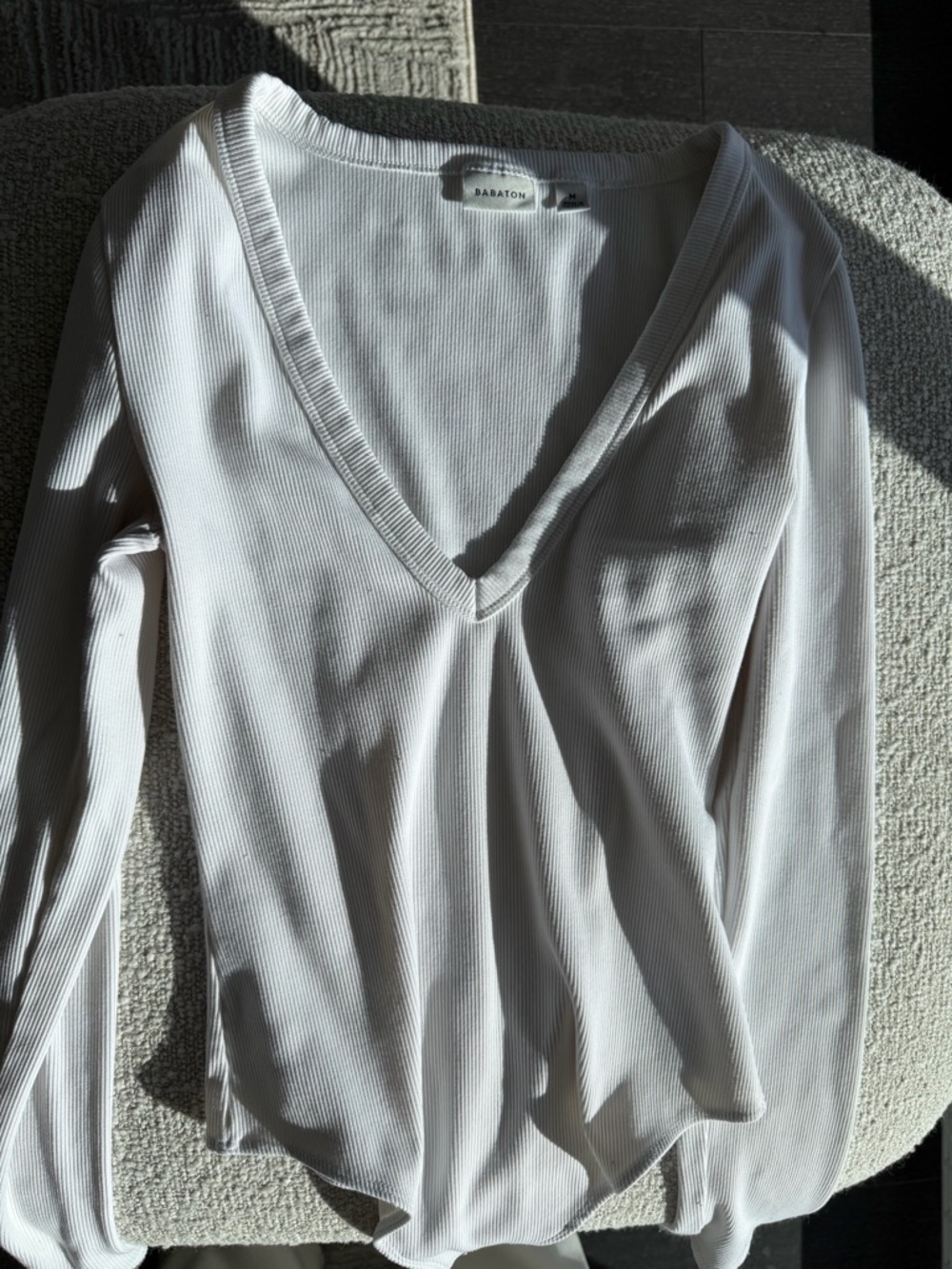 Babaton White Ribbed V-Neck Long Sleeve Bodysuit